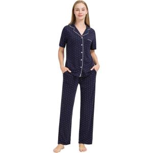 imageWiWi Viscose from Bamboo Pajamas Set for Women Soft Button Down Sleepwear Pj Lightweight Lounge Sets Loungewear SXXLBnavyWhite Dots