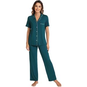 imageWiWi Viscose from Bamboo Pajamas Set for Women Soft Button Down Sleepwear Pj Lightweight Lounge Sets Loungewear SXXLBpeacock Green