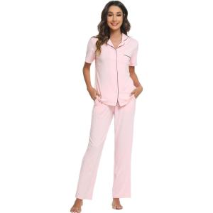 imageWiWi Viscose from Bamboo Pajamas Set for Women Soft Button Down Sleepwear Pj Lightweight Lounge Sets Loungewear SXXLBpink