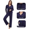 imageWiWi Womens Pajama Set Soft Ribbed Lounge Sets Long Seeve Sleepwear Button Down Pants Warm Nightwear PJs SXXLNavy Blue