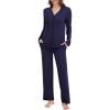 imageWiWi Womens Pajama Set Soft Ribbed Lounge Sets Long Seeve Sleepwear Button Down Pants Warm Nightwear PJs SXXLNavy Blue