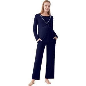 imageWiWi Maternity Nursing Pajama Set 2 Piece Bamboo Viscose Breastfeeding Pajamas Womens Pregnancy Sleepwear SXXLNavy
