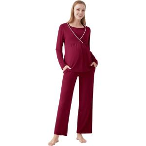imageWiWi Maternity Nursing Pajama Set 2 Piece Bamboo Viscose Breastfeeding Pajamas Womens Pregnancy Sleepwear SXXLWine