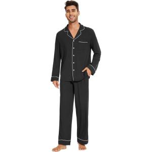 imageWiWi Mens Pajama Set Soft Sleepwear Button Down Pajamas Sets Classic Notch Collar Loungewear Viscose from Bamboo Pjs SXXLAblack