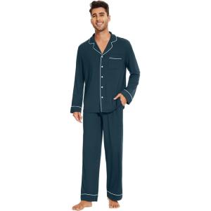 imageWiWi Mens Pajama Set Soft Sleepwear Button Down Pajamas Sets Classic Notch Collar Loungewear Viscose from Bamboo Pjs SXXLAdeep Teal