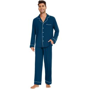 imageWiWi Mens Pajama Set Soft Sleepwear Button Down Pajamas Sets Classic Notch Collar Loungewear Viscose from Bamboo Pjs SXXLAink Blue