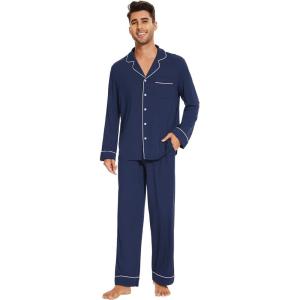 imageWiWi Mens Pajama Set Soft Sleepwear Button Down Pajamas Sets Classic Notch Collar Loungewear Viscose from Bamboo Pjs SXXLAnavy