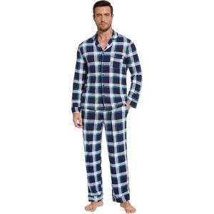 imageWiWi Mens Pajama Set Soft Sleepwear Button Down Pajamas Sets Classic Notch Collar Loungewear Viscose from Bamboo Pjs SXXLAnavyGreen Stripe Plaid