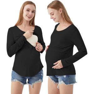imageWiWi Womens Maternity Pajamas Top Viscose from Bamboo Pjs for Breastfeeding Long Sleeve Nursing Loungewear Pajamas SXXLBlack
