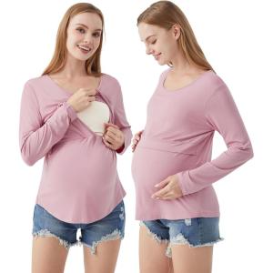 imageWiWi Womens Maternity Pajamas Top Viscose from Bamboo Pjs for Breastfeeding Long Sleeve Nursing Loungewear Pajamas SXXLMauve Pink