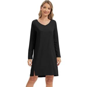 imageWiWi Womens Nightgown Soft Ribbed Long Sleeve Nightshirt Bamboo Viscose VNeck Sleepwear Casual Sleep Shirt SXXLBlack