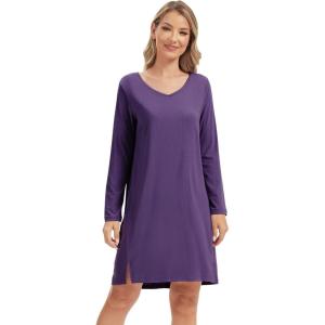 imageWiWi Womens Nightgown Soft Ribbed Long Sleeve Nightshirt Bamboo Viscose VNeck Sleepwear Casual Sleep Shirt SXXLDark Purple