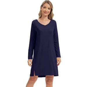 imageWiWi Womens Nightgown Soft Ribbed Long Sleeve Nightshirt Bamboo Viscose VNeck Sleepwear Casual Sleep Shirt SXXLNavy