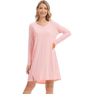 imageWiWi Womens Nightgown Soft Ribbed Long Sleeve Nightshirt Bamboo Viscose VNeck Sleepwear Casual Sleep Shirt SXXLPeach Pink