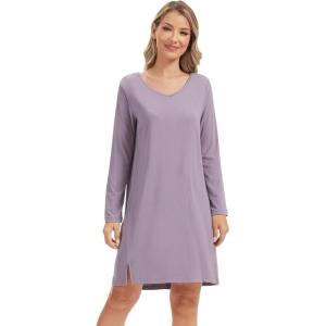 imageWiWi Womens Nightgown Soft Ribbed Long Sleeve Nightshirt Bamboo Viscose VNeck Sleepwear Casual Sleep Shirt SXXLPurple Sage