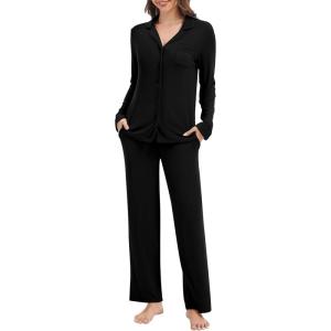 imageWiWi Womens Pajama Set Soft Ribbed Lounge Sets Long Seeve Sleepwear Button Down Pants Warm Nightwear PJs SXXLBlack