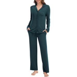 imageWiWi Womens Pajama Set Soft Ribbed Lounge Sets Long Seeve Sleepwear Button Down Pants Warm Nightwear PJs SXXLDeep Teal