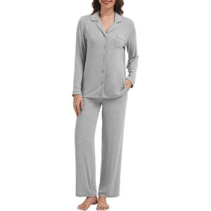 imageWiWi Womens Pajama Set Soft Ribbed Lounge Sets Long Seeve Sleepwear Button Down Pants Warm Nightwear PJs SXXLHeather Grey