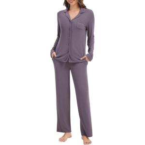 imageWiWi Womens Pajama Set Soft Ribbed Lounge Sets Long Seeve Sleepwear Button Down Pants Warm Nightwear PJs SXXLPurplish Grey