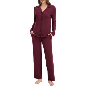 imageWiWi Womens Pajama Set Soft Ribbed Lounge Sets Long Seeve Sleepwear Button Down Pants Warm Nightwear PJs SXXLWine Red