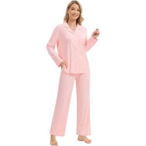 imageWiWi Womens Pajama Sets 2 Piece Button Down Lounge Set Soft Ribbed Long Sleeve Top and Pants Sleepwear SXXLPeach Pink