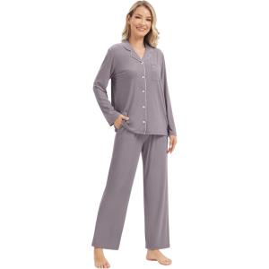 imageWiWi Womens Pajama Sets 2 Piece Button Down Lounge Set Soft Ribbed Long Sleeve Top and Pants Sleepwear SXXLPurplish Grey