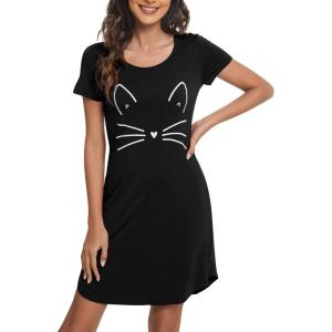 imageWiWi Nightgowns for Women Short Sleeve Sleepwear Soft Bamboo Viscose Pajamas Sleep Shirt Plus Size Loungewear S4XBblack Cat