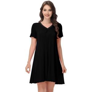 imageWiWi Nightgowns for Women Short Sleeve Sleepwear Soft Bamboo Viscose Pajamas Sleep Shirt Plus Size Loungewear S4XDblack