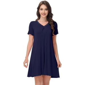 imageWiWi Nightgowns for Women Short Sleeve Sleepwear Soft Bamboo Viscose Pajamas Sleep Shirt Plus Size Loungewear S4XDnavy