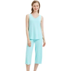 imageWiWi Women Pajama Set Sleeveless Top with Capri Pants Viscose from Bamboo Super Soft VNeck Tank Sleepwear PJ Sets SXXLCaqua