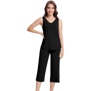 imageWiWi Women Pajama Set Sleeveless Top with Capri Pants Viscose from Bamboo Super Soft VNeck Tank Sleepwear PJ Sets SXXLCblack