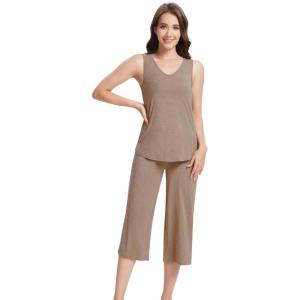 imageWiWi Women Pajama Set Sleeveless Top with Capri Pants Viscose from Bamboo Super Soft VNeck Tank Sleepwear PJ Sets SXXLCcamel