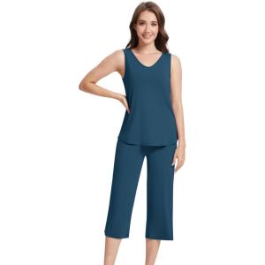 imageWiWi Women Pajama Set Sleeveless Top with Capri Pants Viscose from Bamboo Super Soft VNeck Tank Sleepwear PJ Sets SXXLCink Blue