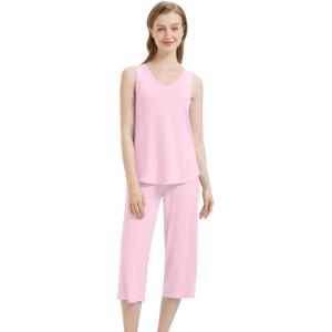 imageWiWi Women Pajama Set Sleeveless Top with Capri Pants Viscose from Bamboo Super Soft VNeck Tank Sleepwear PJ Sets SXXLCpink
