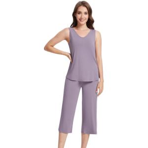 imageWiWi Women Pajama Set Sleeveless Top with Capri Pants Viscose from Bamboo Super Soft VNeck Tank Sleepwear PJ Sets SXXLCviolet