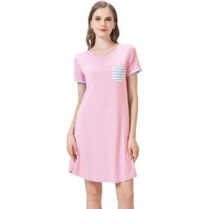 imageWiWi Womens Viscose Bamboo Nightgowns Casual Short Sleeve Sleepwear Scoop Neck Nightshirts SXXLPink