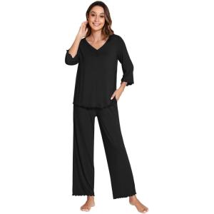 imageWiWi Viscose from Bamboo Pajama Sets for Women Soft Pjs Loungewear Short Sleeve Top with Pants Sleepwear Pajamas SXXLDblack