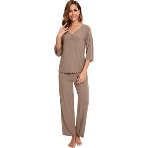 imageWiWi Viscose from Bamboo Pajama Sets for Women Soft Pjs Loungewear Short Sleeve Top with Pants Sleepwear Pajamas SXXLDcamel