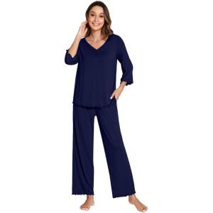 imageWiWi Viscose from Bamboo Pajama Sets for Women Soft Pjs Loungewear Short Sleeve Top with Pants Sleepwear Pajamas SXXLDnavy