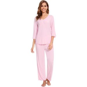 imageWiWi Viscose from Bamboo Pajama Sets for Women Soft Pjs Loungewear Short Sleeve Top with Pants Sleepwear Pajamas SXXLDpink
