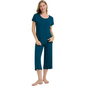 imageWiWi Bamboo Viscose Pajamas for Women Soft Capri Pants Pajama Sets Plus Size Sleepwear Pjs Loungewear S4XApeacock Blue