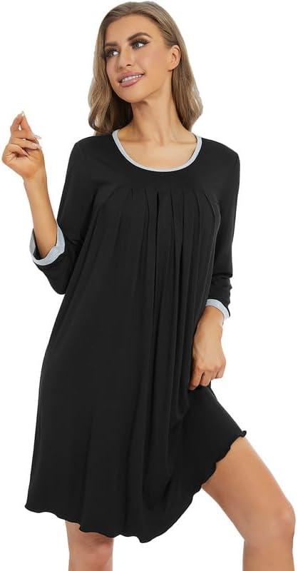 imageWiWi Nightgowns Viscose from Bamboo for Women Soft 34 Sleeve Sleep Shirts Scoop Neck Pleated Pajamas Nightshirts SXXLBlack