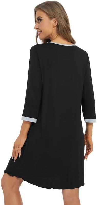 imageWiWi Nightgowns Viscose from Bamboo for Women Soft 34 Sleeve Sleep Shirts Scoop Neck Pleated Pajamas Nightshirts SXXLBlack