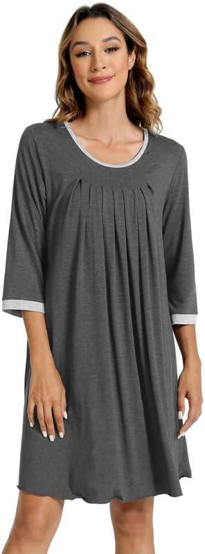 imageWiWi Nightgowns Viscose from Bamboo for Women Soft 34 Sleeve Sleep Shirts Scoop Neck Pleated Pajamas Nightshirts SXXLCharcoal Heather