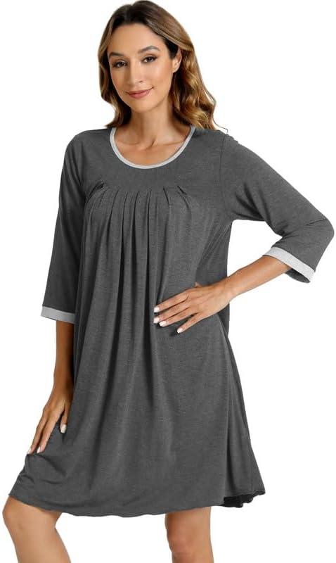 imageWiWi Nightgowns Viscose from Bamboo for Women Soft 34 Sleeve Sleep Shirts Scoop Neck Pleated Pajamas Nightshirts SXXLCharcoal Heather