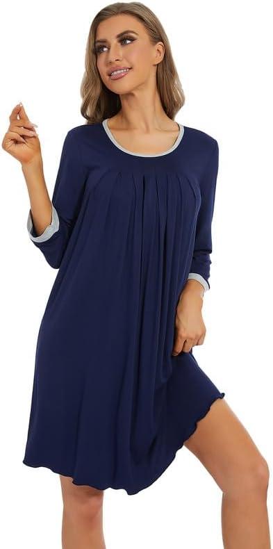 imageWiWi Nightgowns Viscose from Bamboo for Women Soft 34 Sleeve Sleep Shirts Scoop Neck Pleated Pajamas Nightshirts SXXLNavy