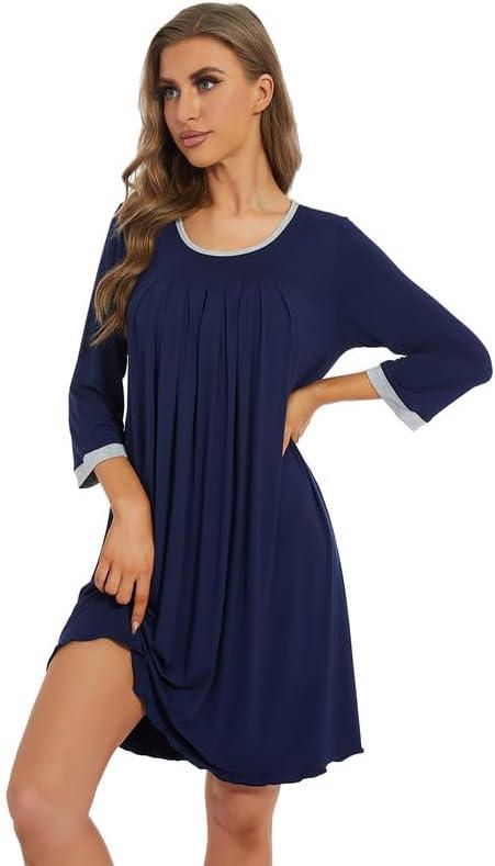 imageWiWi Nightgowns Viscose from Bamboo for Women Soft 34 Sleeve Sleep Shirts Scoop Neck Pleated Pajamas Nightshirts SXXLNavy