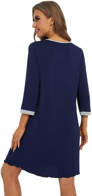 imageWiWi Nightgowns Viscose from Bamboo for Women Soft 34 Sleeve Sleep Shirts Scoop Neck Pleated Pajamas Nightshirts SXXLNavy