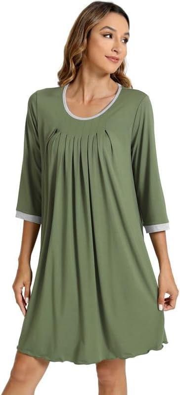 imageWiWi Nightgowns Viscose from Bamboo for Women Soft 34 Sleeve Sleep Shirts Scoop Neck Pleated Pajamas Nightshirts SXXLOlive Green