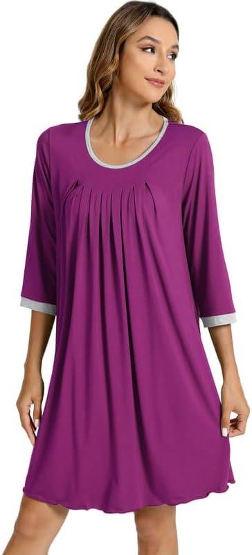 imageWiWi Nightgowns Viscose from Bamboo for Women Soft 34 Sleeve Sleep Shirts Scoop Neck Pleated Pajamas Nightshirts SXXLPurplish Red